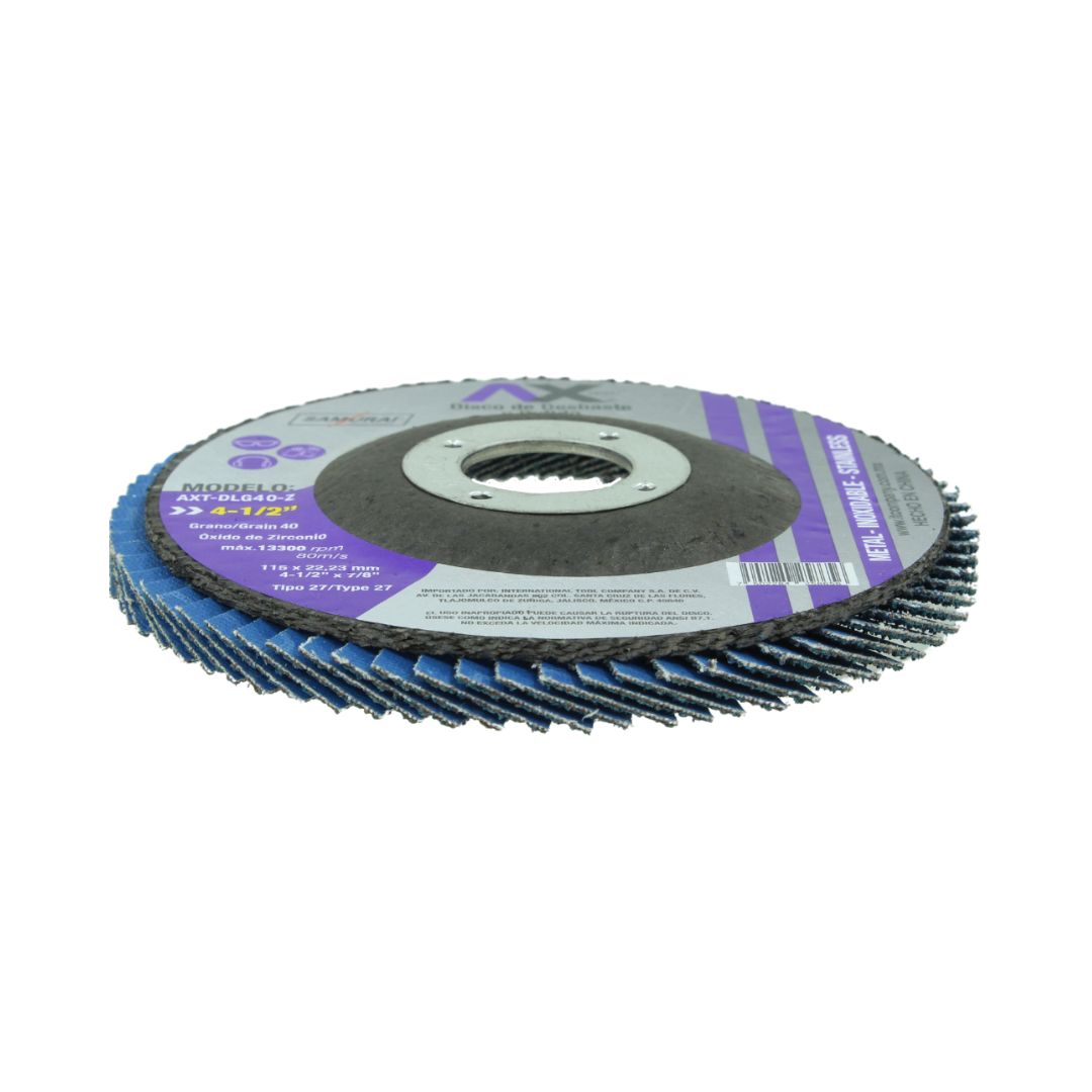 DISCO LAMINADO AXTECH DLG40-Z PARA DESBASTE Y PULIDO DE 4-1/2", DE OXIDO DE ZIRCONIO DE GRANO 40