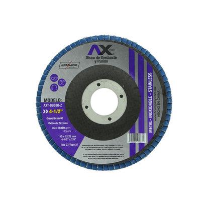 DISCO LAMINADO AXTECH DLG80-Z PARA DESBASTE Y PULIDO DE 4-1/2", DE OXIDO DE ZIRCONIO GRANO 80