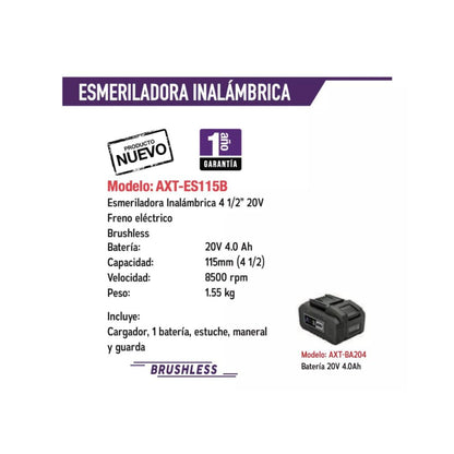 MINI ESMERILADORA AXTECH ES115B INALAMBRICA DE 4 1/2", CON 20V Y 4 AMPERES INCLUYE 1 BATERIA Y CARGADOR