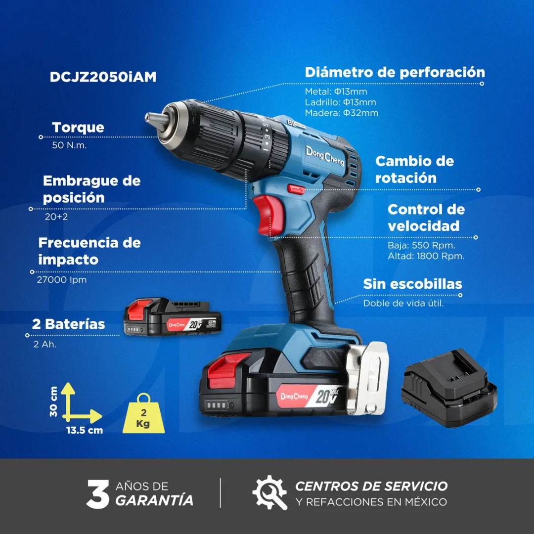 ROTOMARTILLO INALAMBRICO DONG CHENG DCJZ2050IAM DE 1/2" BRUSHLESS CON 2 BATERIAS, CARGADOR Y ESTUCHE