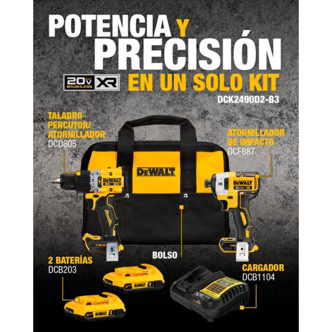 COMBO ROTOMARTILLO 1/2" + ATORNILLADOR DE IMPACTO 1/4" DEWALT DCK2490D2 20V S/CARBONES + 2 BAT + MOCHILA