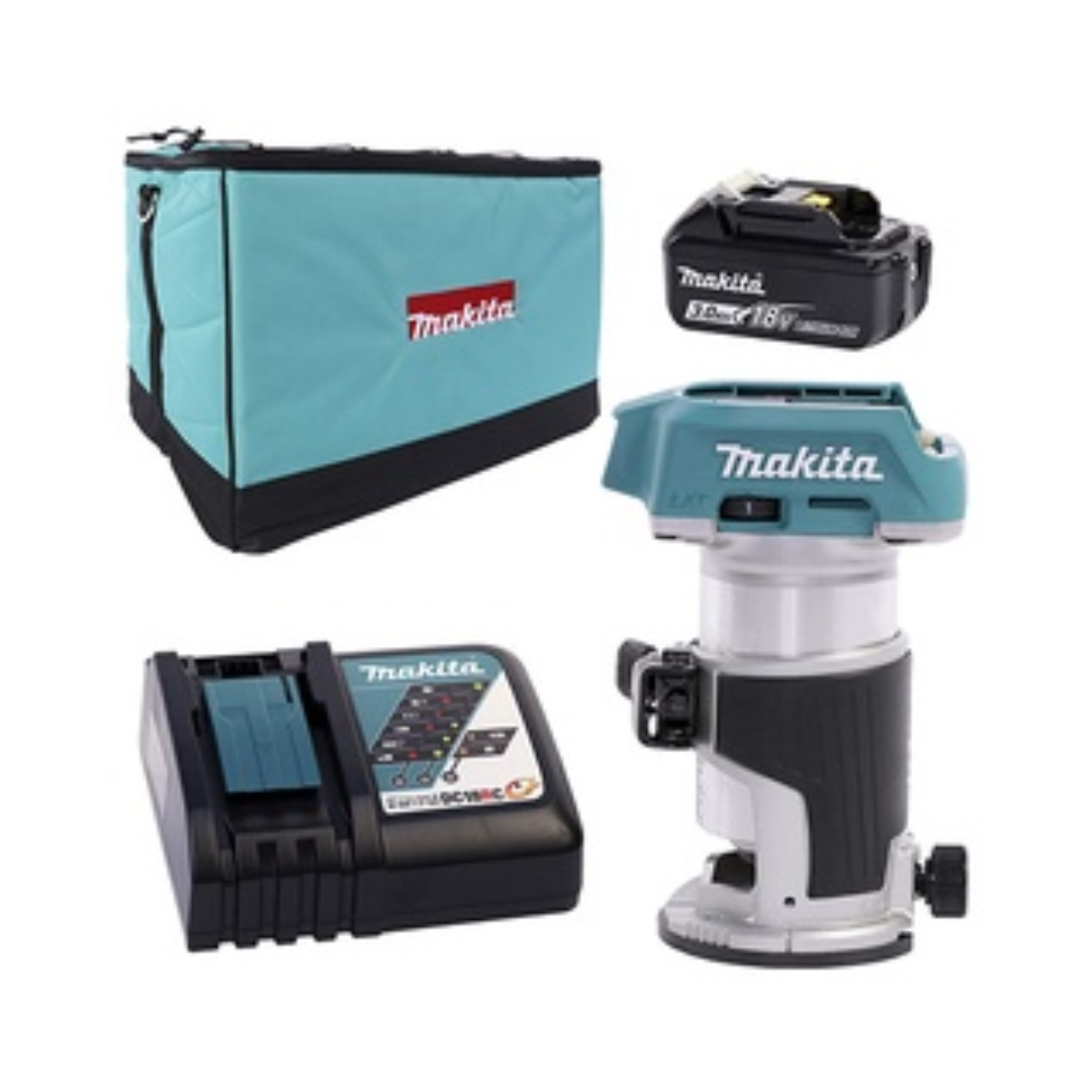 ROUTER INALAMBRICO MAKITA DRT50RFE DE 18V SIN CARBONES CON 2 BATERÍAS DE  3AMP Y CARGADOR CON COLLET