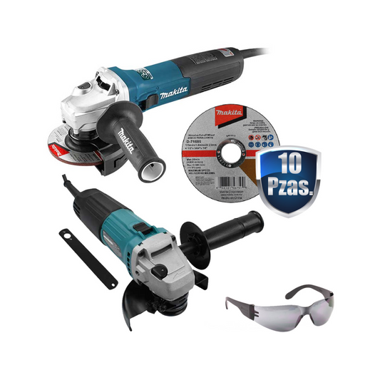 COMBO MINIESMERILADORA MAKITA GA4592X02+C01 DE 4 1/2" Y 1900W INCLUYE 10 DISCOS DE CORTE MÁS MINIESMERIL MAKITA M0901B DE 4 1/2" Y LENTES MAKITA