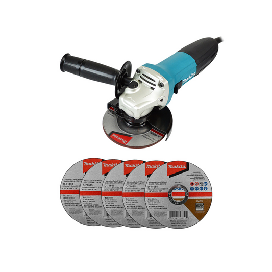 COMBO MINI ESMERILADORA MAKITA GA4530+C01 DE 4 1/2" Y 710W MÁS 5 DISCOS DE CORTE MAKITA D-71685