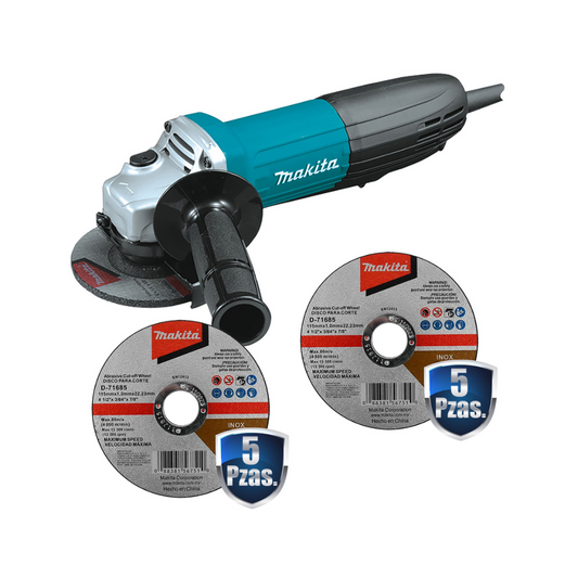 COMBO MINI ESMERILADORA MAKITA GA4534+C01 DE 4 1/2" Y 720W CON CAPACIDAD DE 11,000RPM Y SWITCH TIPO PALETA, INCLUYE 10 DISCOS DE CORTE MAKITA D-71685