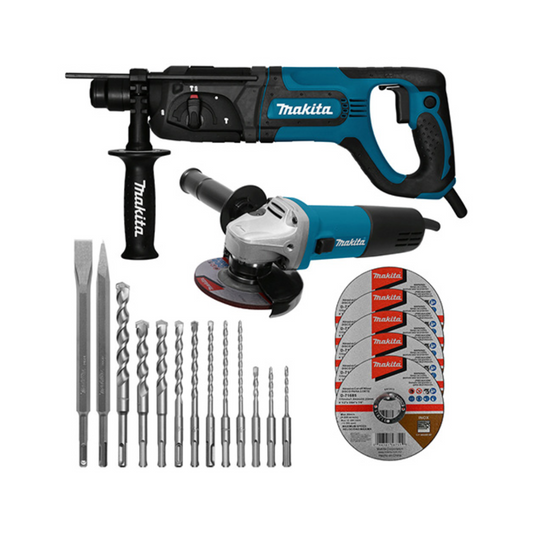 COMBO ROTOMARTILLO SDS PLUS MAKITA HR2475X4+C02 DE 15/16” INCLUYE MINI ESMERILADORA 9557NBG DE 4 1/2" MAS KIT DE BROCAS Y CINCELES D-31734 CON 13 PIEZAS Y 5 DISCOS D-71685