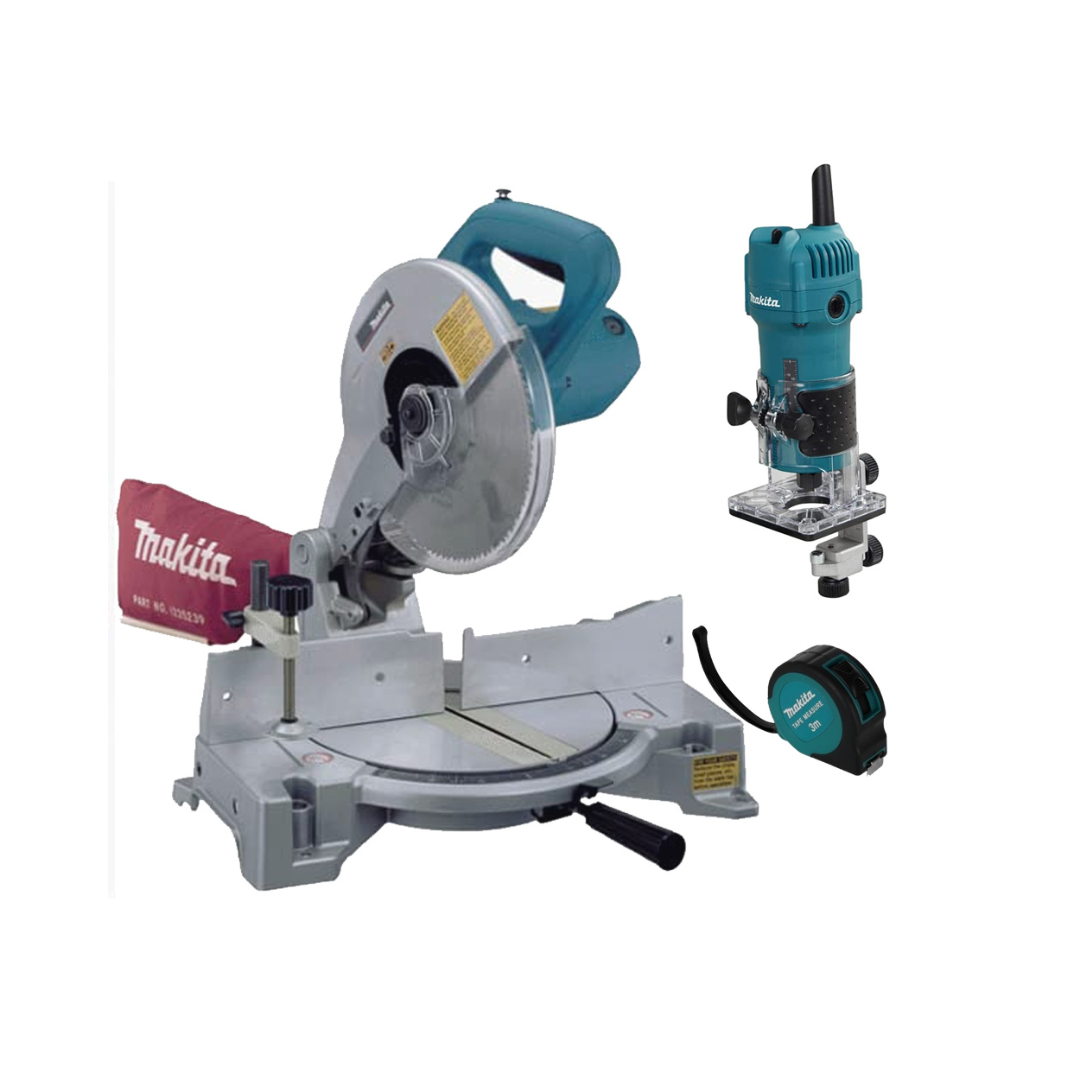 COMBO SIERRA DE INGLETE MAKITA LS1030N+C01 DE 10" Y DE 1650W INCLUYE RECORTADOR MAKITA 3709 Y FLEXÓMETRO MAKITA D64989 DE 3MT