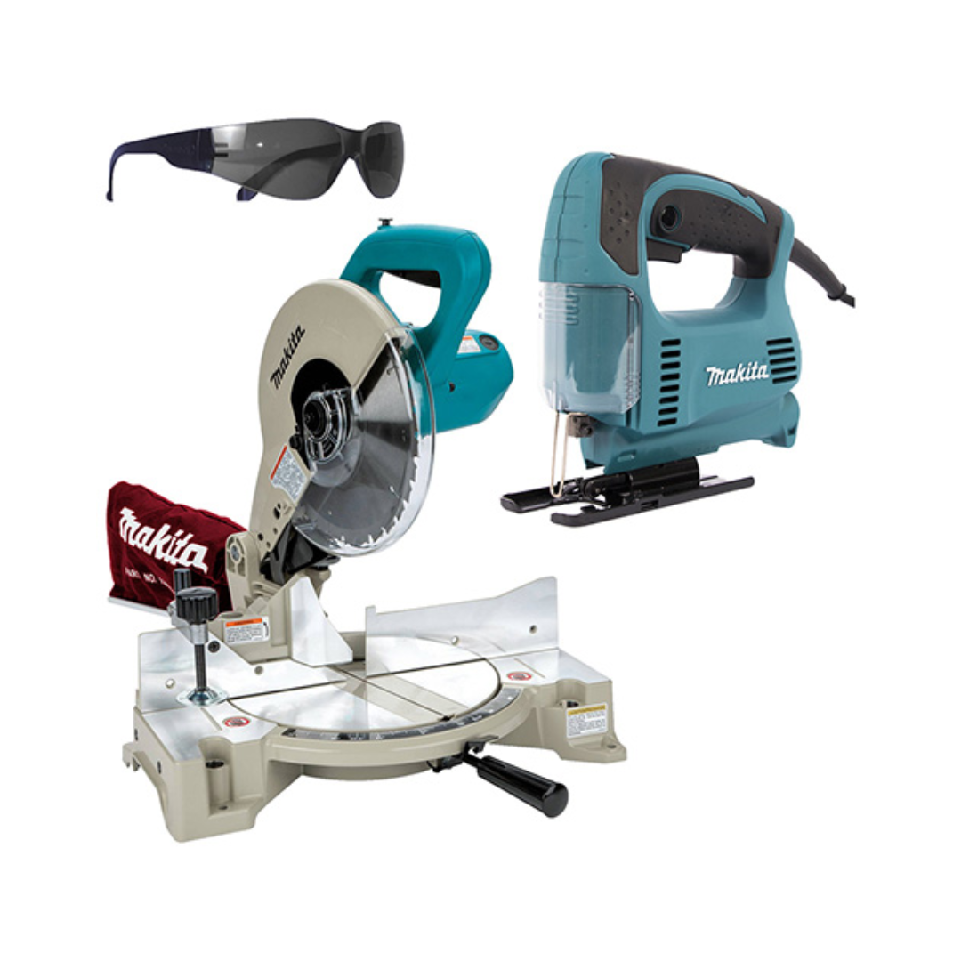 COMBO SIERRA DE INGLETE COMPUESTA MAKITA LS1040F+C01 DE 10” Y 1650W CON FOCO, INCLUYE SIERRA CALADORA MAKITA 4326 MÁS LENTES MAKITA