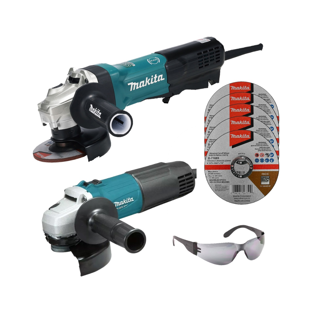 COMBO SUPER MINI ESMERILADORA MAKITA GA4593X03+C01 DE 4 1/2" Y 1900W VELOCIDAD VARIABLE SWITCH TIPO PALETA MÁS 5 DISCOS DE CORTE MÁS MINI ESMERIL MAKITA DE 4 1/2 MT, INCLUYE 1 LENTES MAKITA