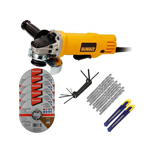 COMBO MINI ESMERILADORA DEWALT DWE4120X-B3+C02 DE 4 1/2" INCLUYE 3 DISCOS DIAMANTADOS MÁS JUEGO DE NAVAJA TIPO ALLEN Y 10 BROCAS DE 1/8" PARA CONCRETO MÁS 5 DISCOS CORTE