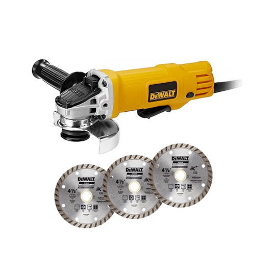 MINIESMERILADORA DEWALT DWE4120X-B3 DE 4 ½”  CON 900W Y 12,000RPM INCLUYE 3 DISCOS ADIAMANTADOS