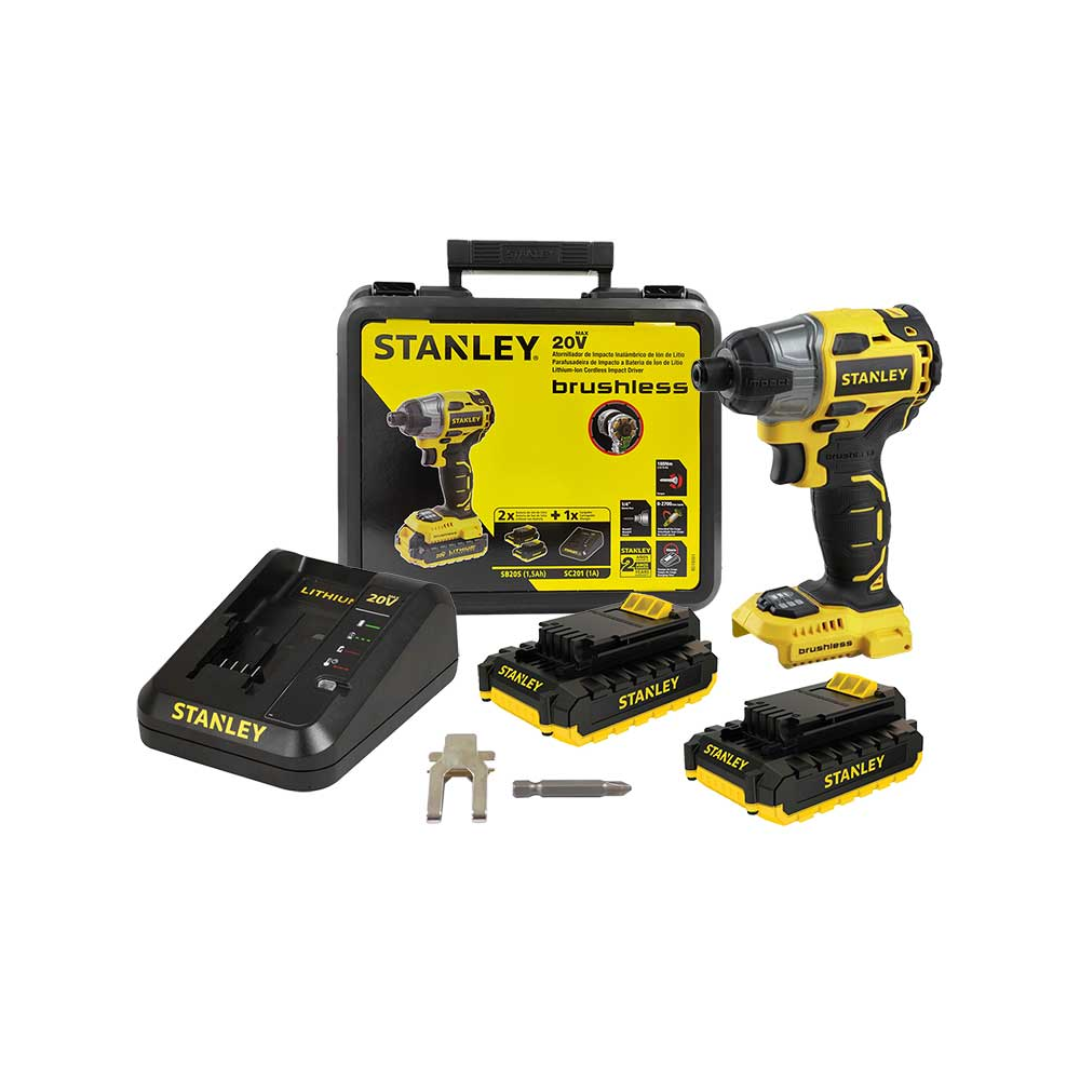 ATORNILLADOR DE IMPACTO INALAMBRICO STANLEY SBI20S2K-B3 DE ¼” CON 20 V SIN CARBONES INCLUYE 2 BATERÍAS Y CARGADOR