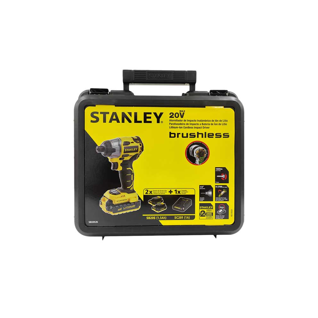 ATORNILLADOR DE IMPACTO INALAMBRICO STANLEY SBI20S2K-B3 DE ¼” CON 20 V SIN CARBONES INCLUYE 2 BATERÍAS Y CARGADOR