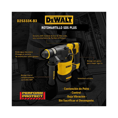 ROTOMARTILLO SDS PLUS DEWALT D25333K-B3 DE 950W Y 3.5J CON 3 FUNCIONES, PESA 3.7kg CON MALETÍN
