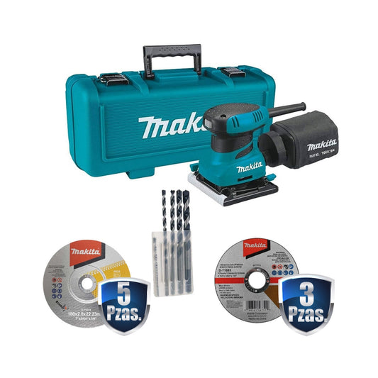 Combo Lijadora Orbital Makita 1/4" 200W + Estuche + 5 Discos de 7" + Brocas Multiuso + 3 Discos de 4-1/2"