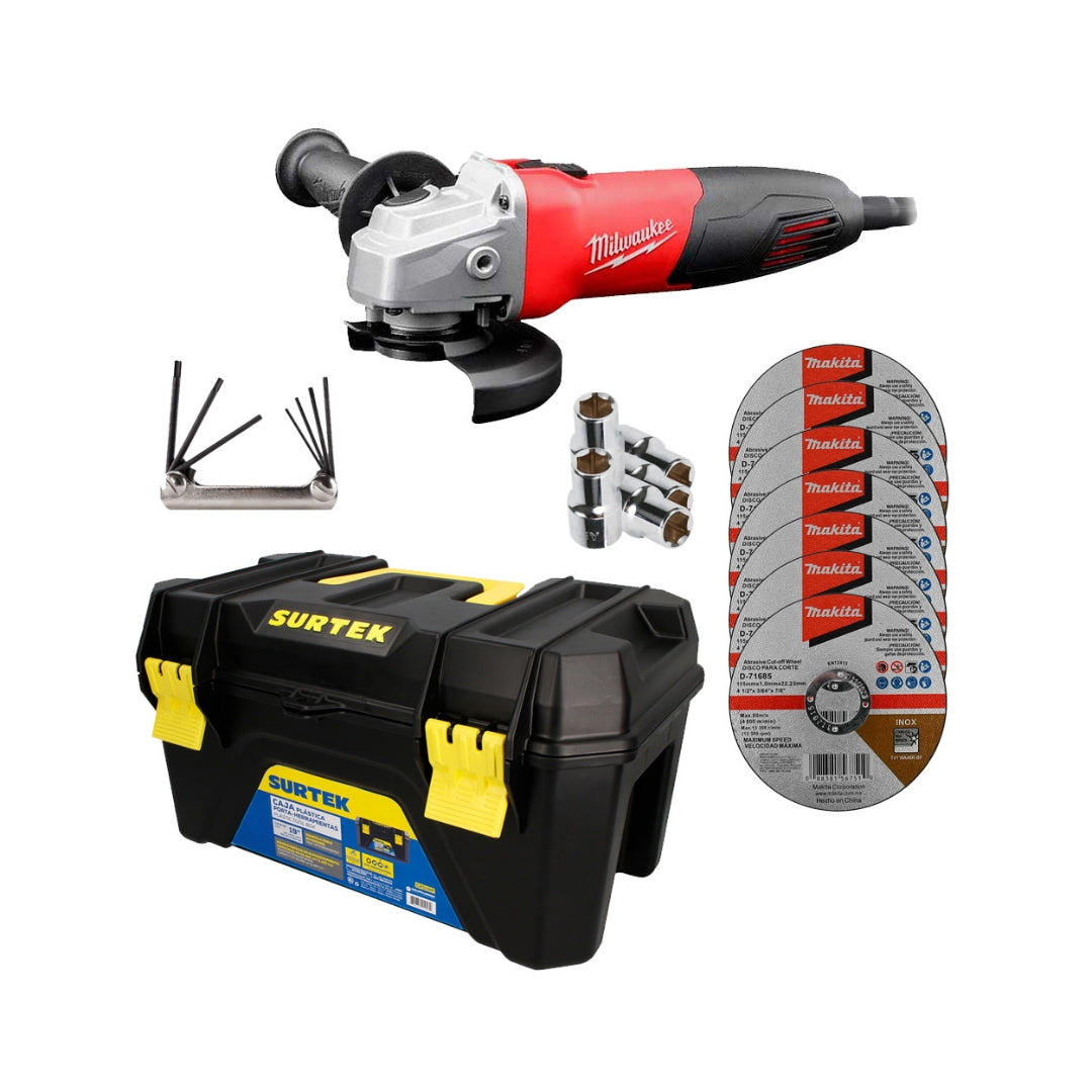 Combo Mini Esmeril Milwaukee 4.5" 750W + Discos Milwaukee y Makita + Dados y Llaves Allen + Caja de Herramientas