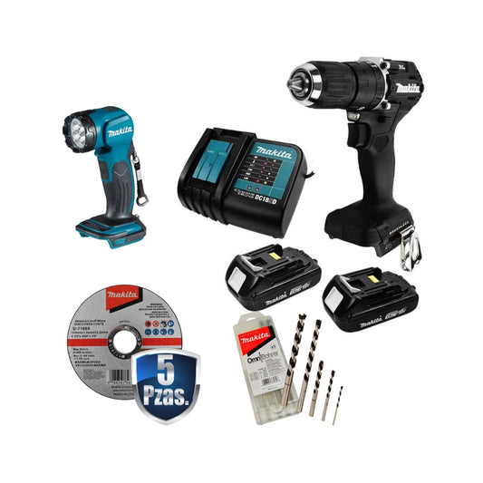 Combo Makita 18V Sin Carbones: Rotomartillo/Atornillador + 2 Baterías + Lámpara + Brocas y Discos