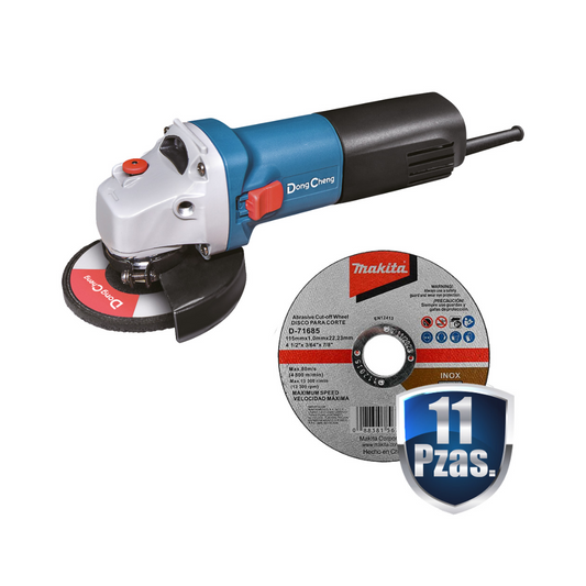 COMBO MINIESMERILADORA DE 4 1/2 DONGCHENG 710 WATTS FLECHA 5/8" 11 DISCOS DE CORTE MAKITA D-71685