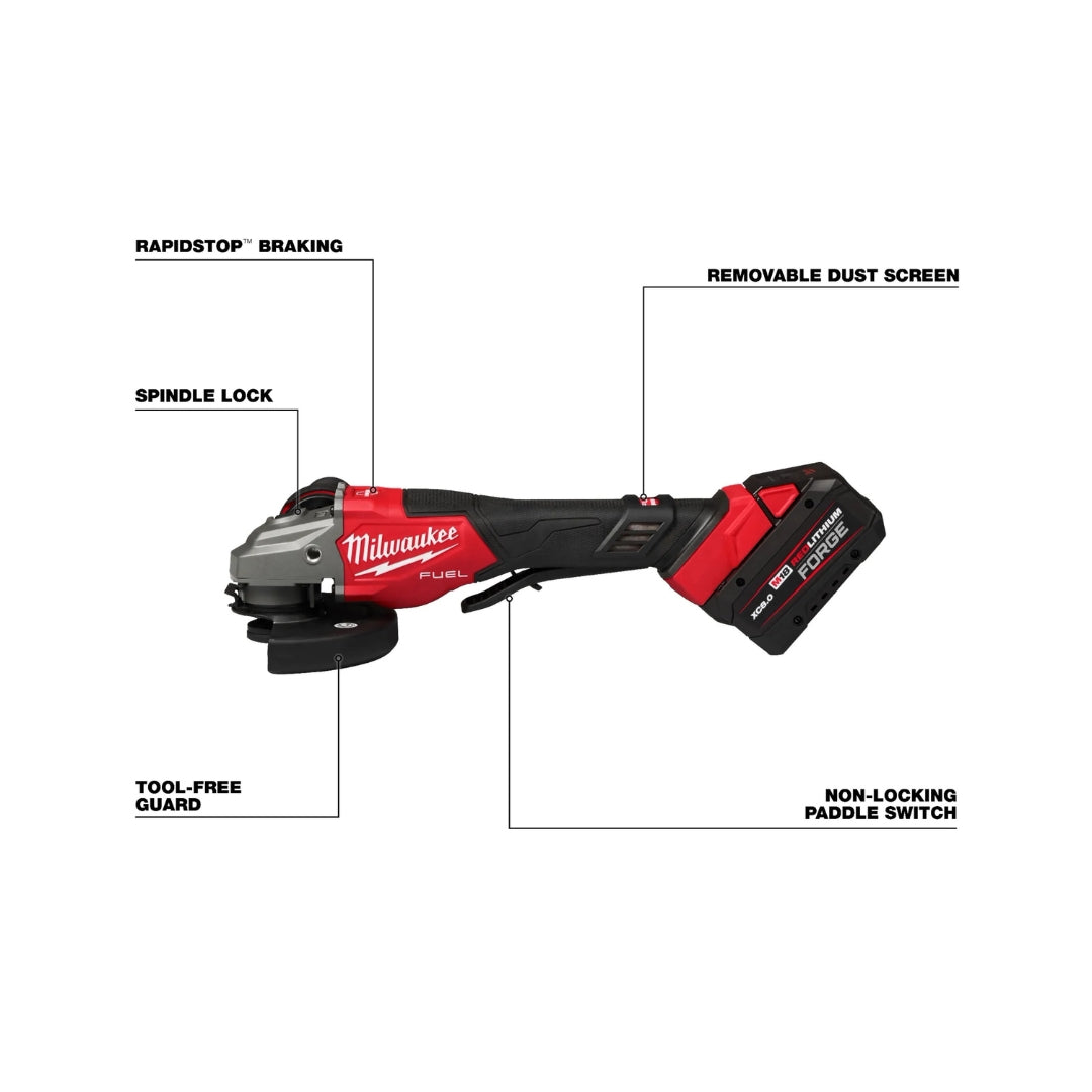 Mini Esmeriladora Milwaukee M18 FUEL 3670-22 | 4 1/2" con Freno, Interruptor de Paleta, 2 Baterías Forge 8Ah y Cargador de Carga Rápida