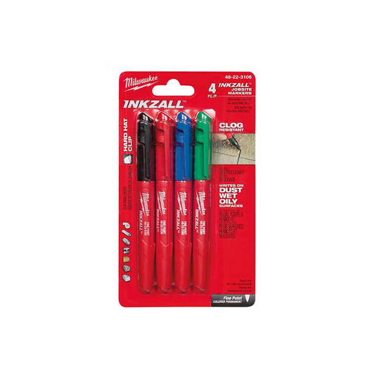 KIT DE 4 MARCADORES INDUSTRIALES INKZALL™ MILWAUKEE 48-22-3106 COLOR NEGRO, VERDE, ROJO Y AZUL PARA METAL, MADERA Y PLASTICO