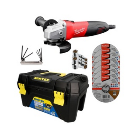 COMBO MINI ESMERIL MILWAUKEE P4226130+C01 DE 4 1/2" MAS 3 DISCOS MILWAUKEE Y 7 DISCOS D-71685 MAS 5 DADOS DE 1/2”, INCLUYE CAJA DE HERRAMIENTAS Y JUEGO DE LLAVES ALLEN