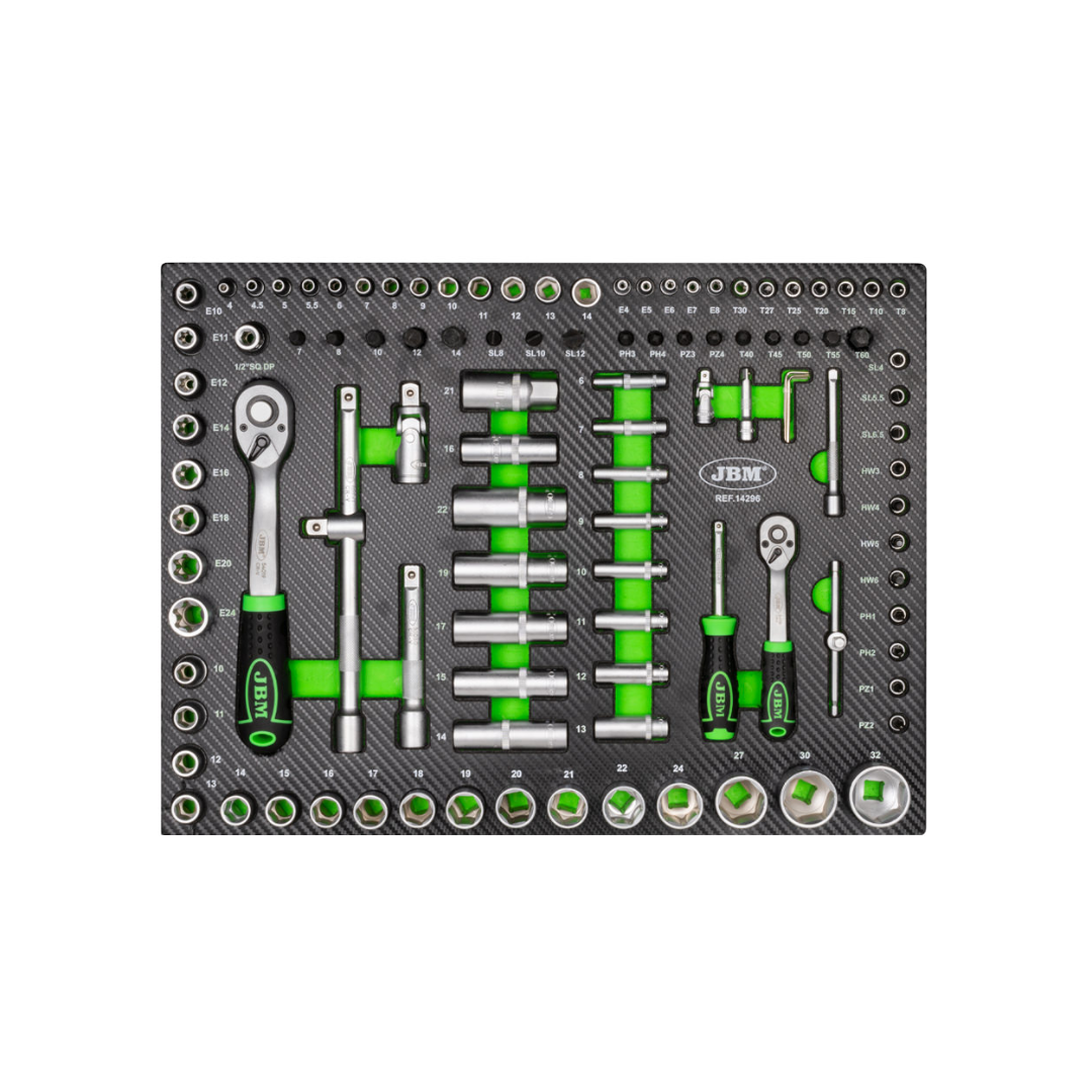 MODULO DE HERRAMIENTAS 108 PIEZAS JBM 14296 CON DADOS HEXAGONALES CON ACABADO DE FIBRA DE CARBONO