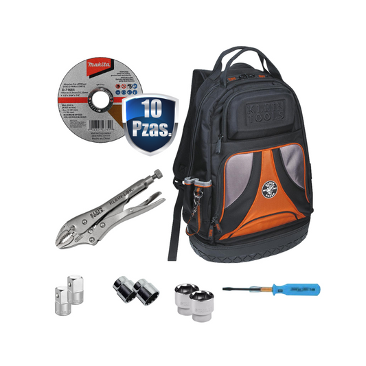 MOCHILA PORTAHERRAMIENTAS KLEIN USO RUDO+10 DISCOS MAKITA D-71685+PINZA D/PRESION 7 KLEIN+KIT DE ACCESORIOS