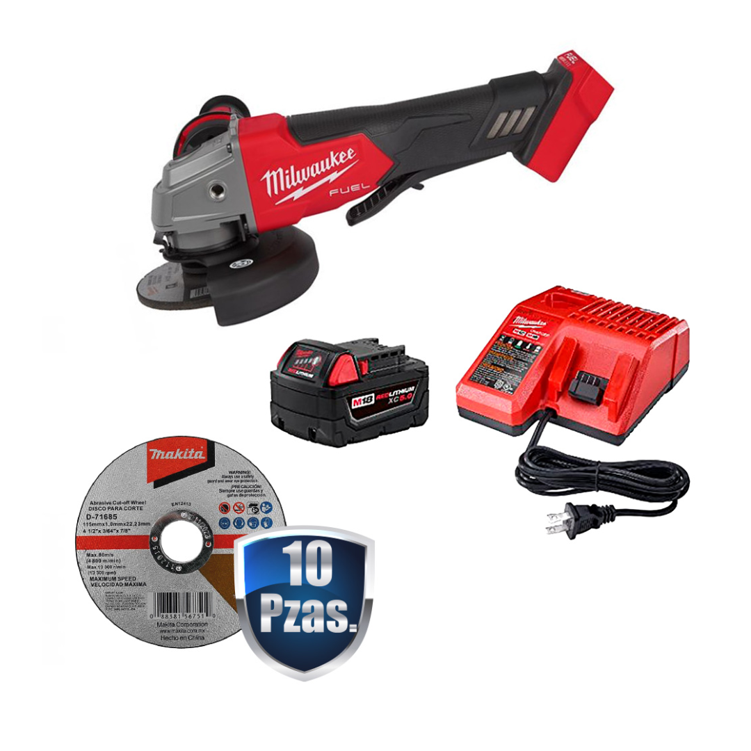 MINIESMERILADORA INALAMBRICA MILWAUKEE C/FRENO M18 FUEL C/1 BATERIA 5 AMPS+CARGADOR+10 DISCOS DE CORTE 4 1/2